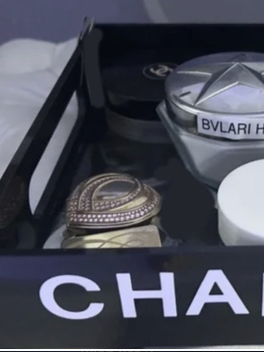 12x12" black acrylic compact makeup holder with white letters